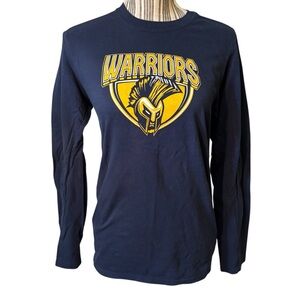 Warriors Tee Small Gildan Navy Blue Long Sleeve Gold Print Sports 100% Cotton